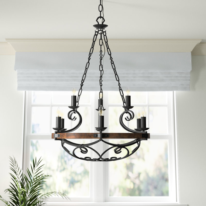 Conyngham 9 - Light Dimmable Chandelier, Black Iron, Rustic Oak Wood