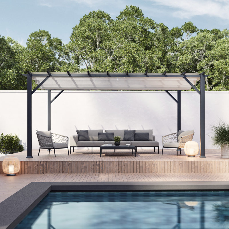 Pergola en aluminium avec finition thermolaqué grise et toile réglable Florence, Blanc cassé