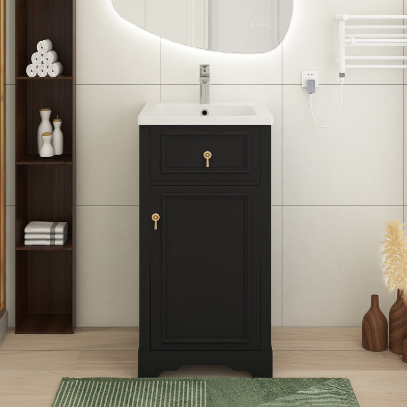 Meuble-lavabo de salle de bain avec lavabo en céramique, porte à fermeture douce, tablette réglable et support de rangement fixé à la porte