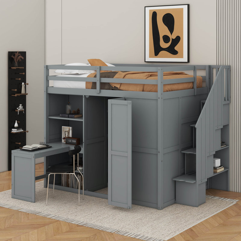 Lit mezzanine double avec garde-robe, bureau et tablettes, Gris