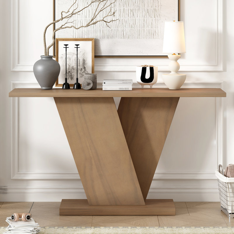 Console avec placage en bois naturel - Design minimaliste à la mode, construction en V robuste, zone d'exposition spacieuse, étapes d'assemblage faciles, 52,29 lb, brun, P 61,5 po, l 13,84 po, H 33,8 po