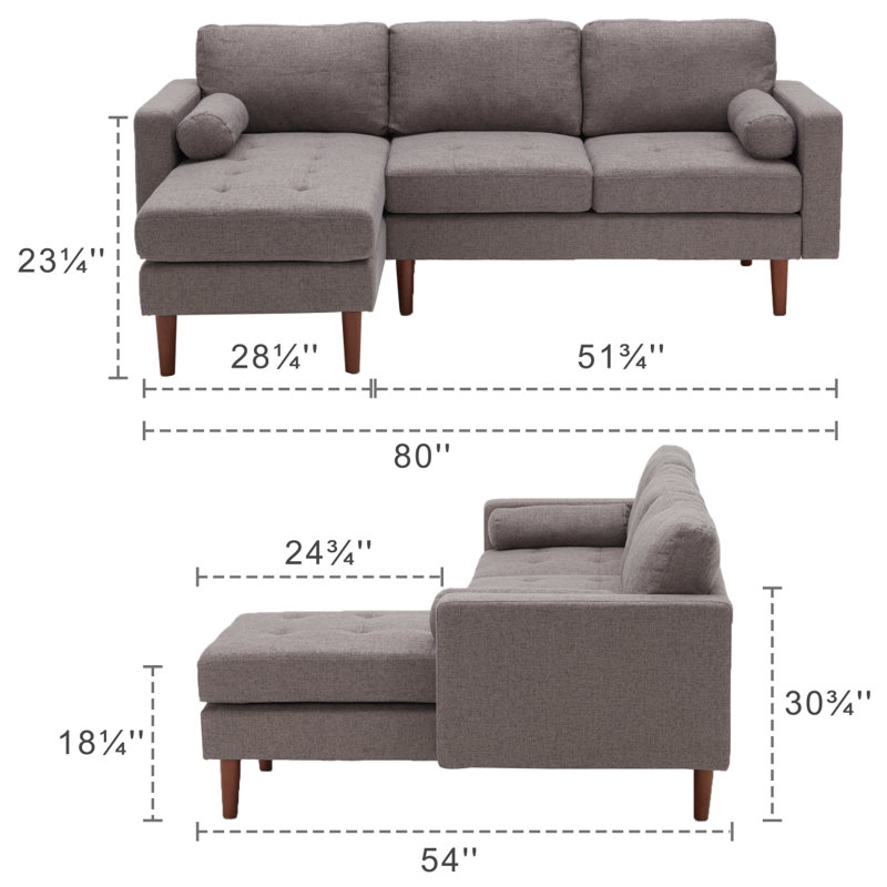 Canapé modulaire de 80 po de largeur Drews, canapé convertible avec coussin de siège capitonné, canapé en L avec méridienne réversible