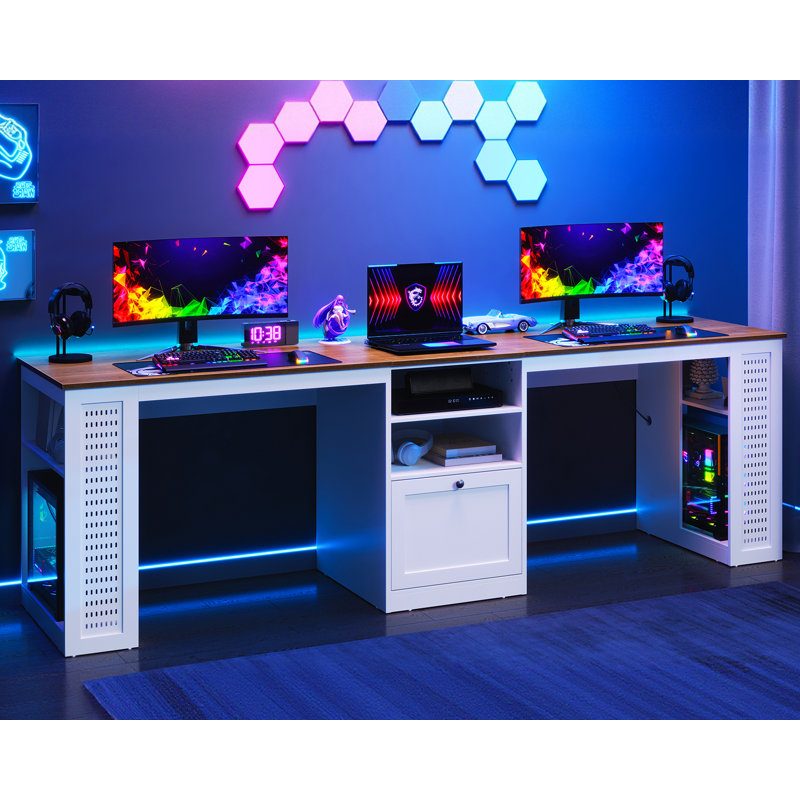 96.5" Double Computer Desk With Rising Table and Pegboard, Two Person Desk With Drawer & Shelves, Extra Long Writing Desk With File Drawer