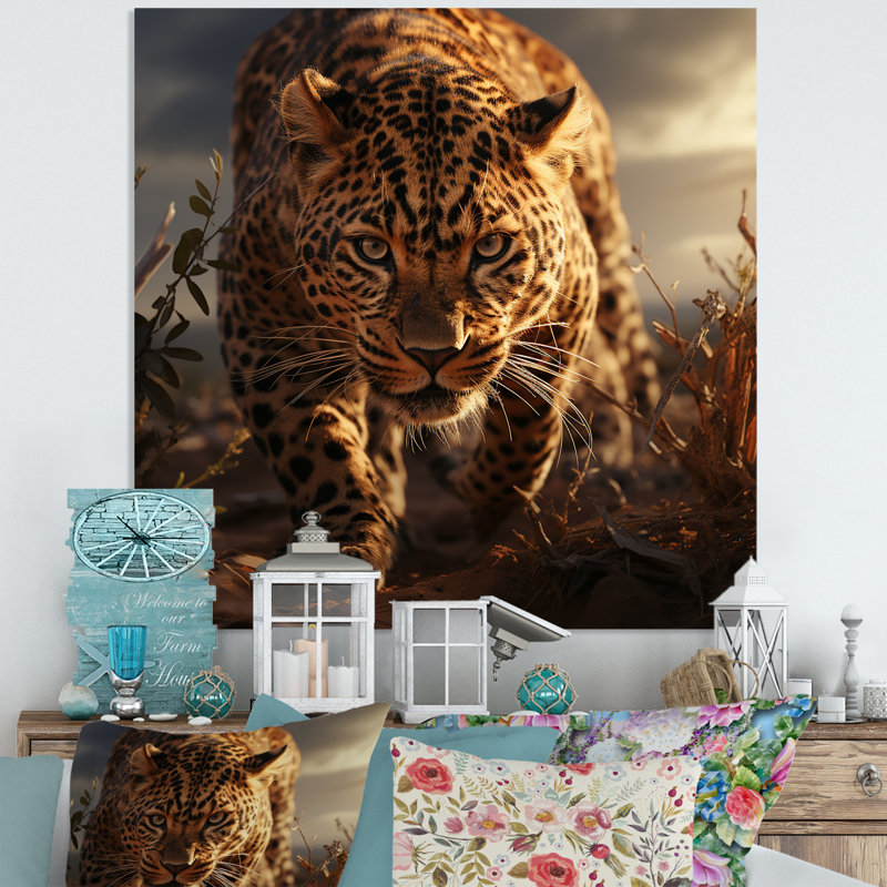 Léopard dans la nature au coucher du soleil I - Art mural en métal animal léopard / guépard, H 16 po x l 16 po x P 1 po