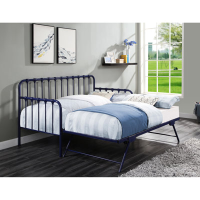 Lit de jour bleu marine avec couchette relevable, structure classique en métal, utilisation dans la chambre à coucher, aucune fondation nécessaire, capacité de 300 lb, lit de jour gigogne pour matelas simple, essentiel, base, rangement facile,