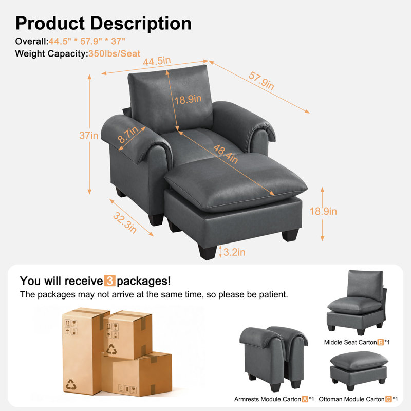 Fauteuil en similicuir avec repose-pieds l 44,5 po, Gris, Oui