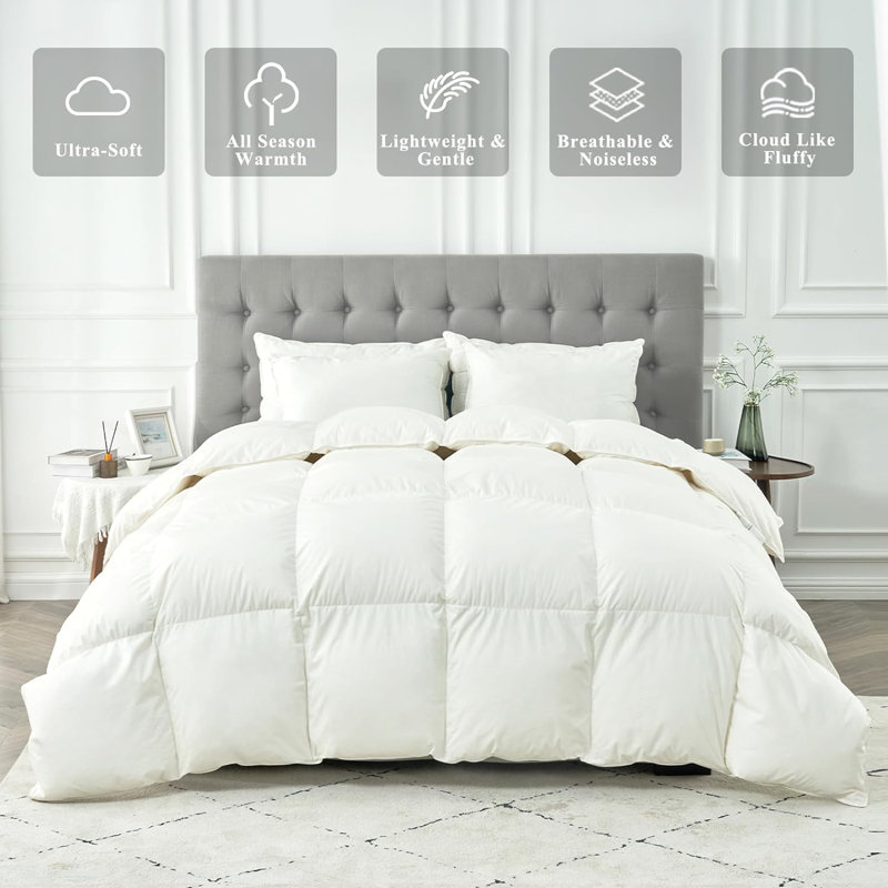All-Season High Fill Power Feather Down Comforter 100% Cotton Cover Bed Comforter, Queen