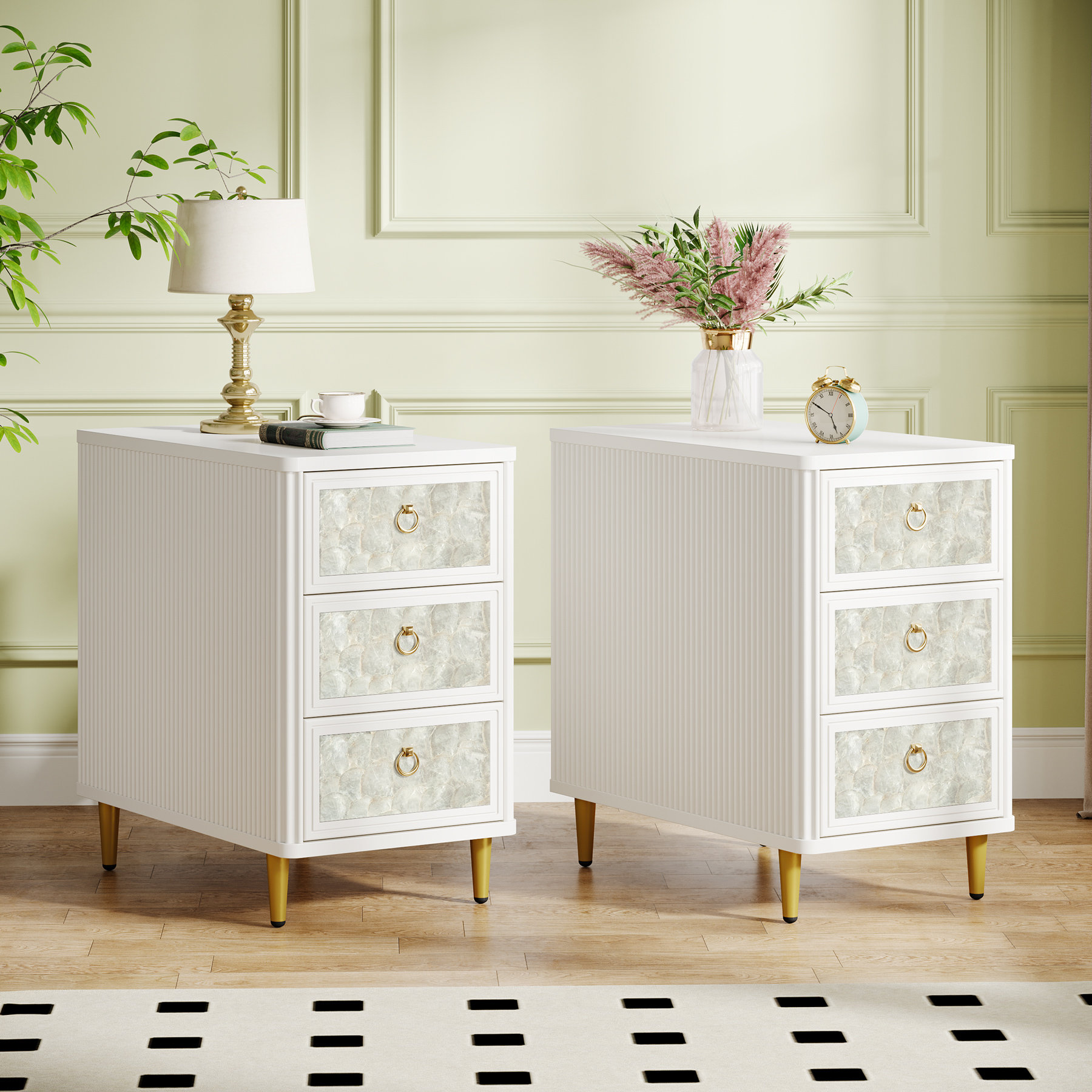 Mercer41 3-Drawer End Table Set Of 2 With Shell-Decorated, Modern White ...