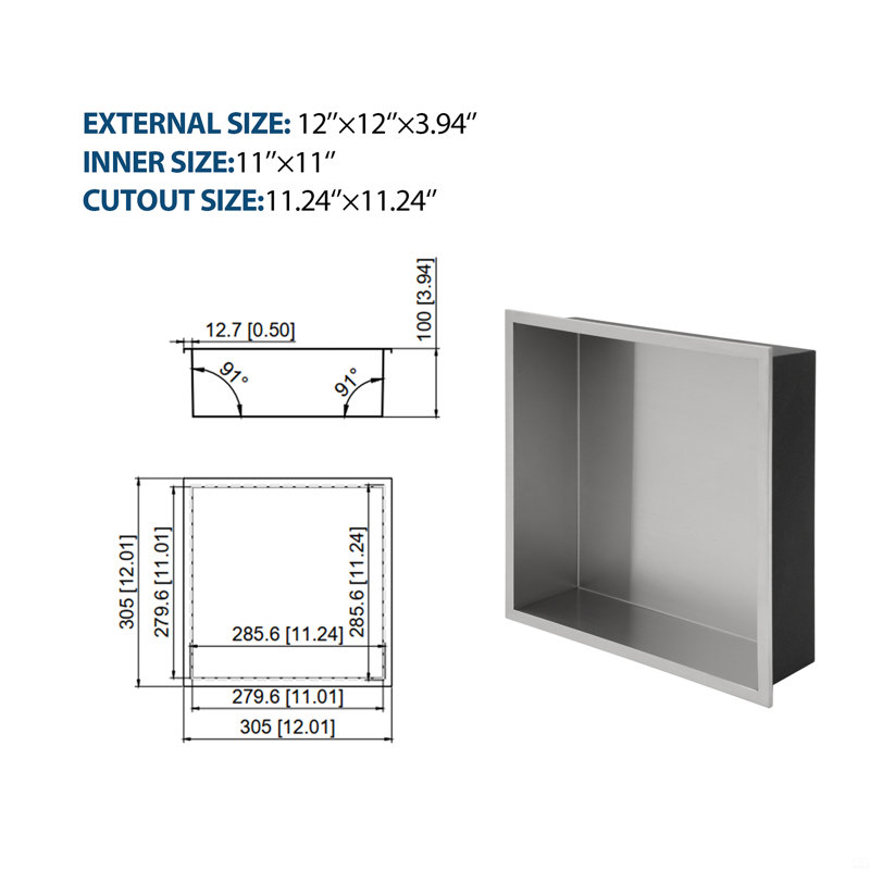 Niche de douche en acier inoxydable 12 po x 12 po, Nickel brossé