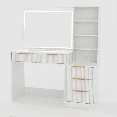 Modern Vanity Desk with 3-Color LED Touch Mirror, Charging Station 2 AC & 2 USB Ports, Glass Tabletop