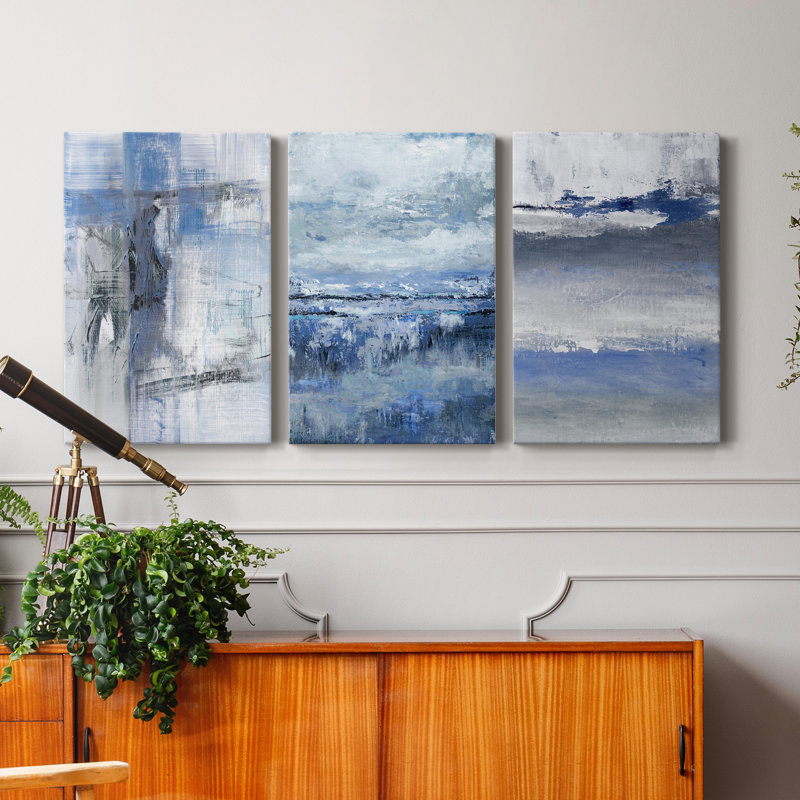 «Soft Solace Indigo», ensemble de 3 peintures sur toile tendue, H 48 po x l 96 po x P 1 po