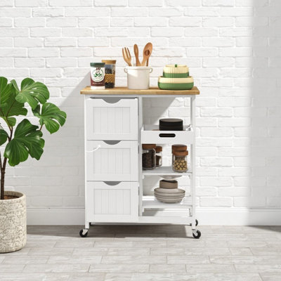 White Rolling Kitchen Island Cart with Butcher Block, 3 Drawers, Storage Shelves & Wheels