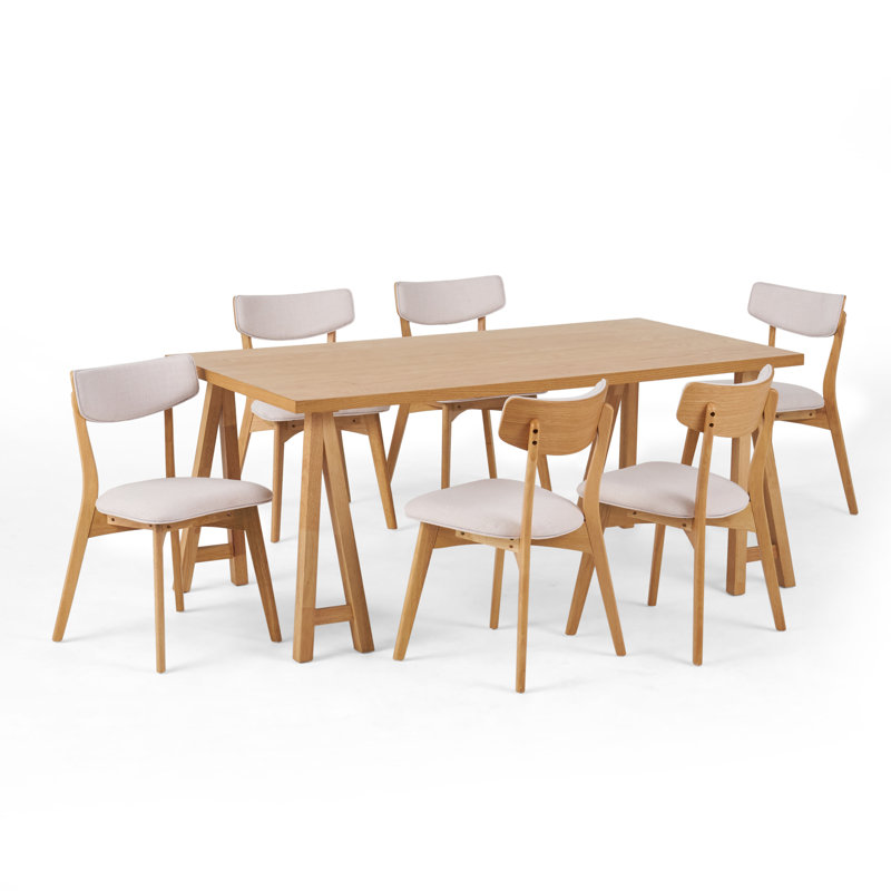 6 - Person Four Leg Dining Set, Natural Oak, Light Beige