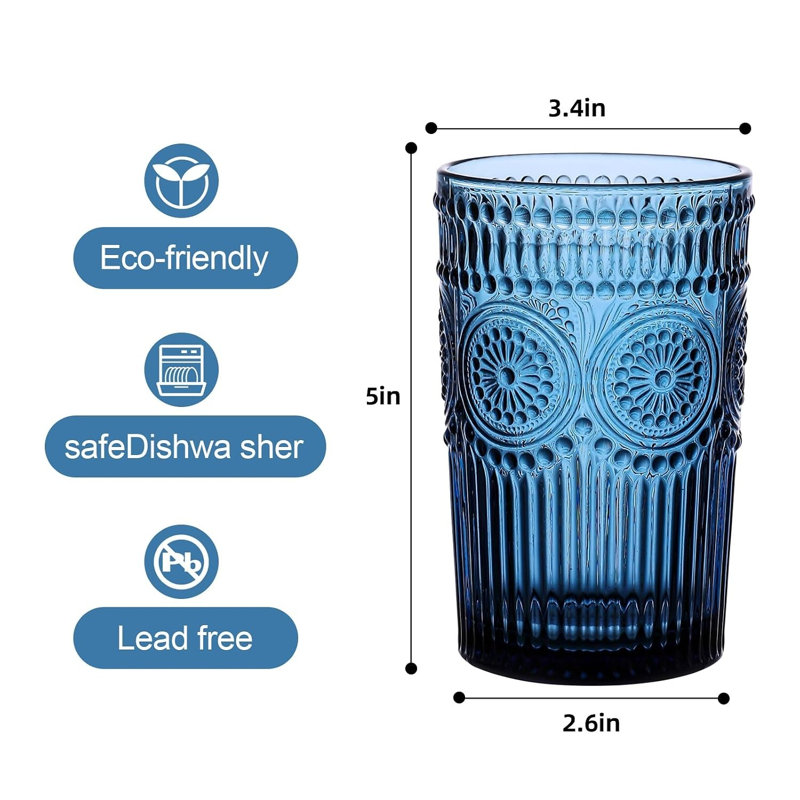 Ensemble de 6 verres à fleurs, verres décoratifs de 385 ml (13 oz), Bleu