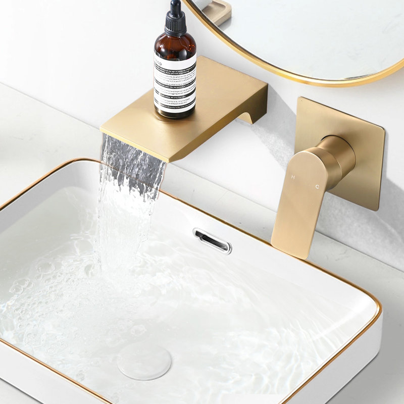 Wall Mount Waterfall Bathroom Sink Faucet, Gold