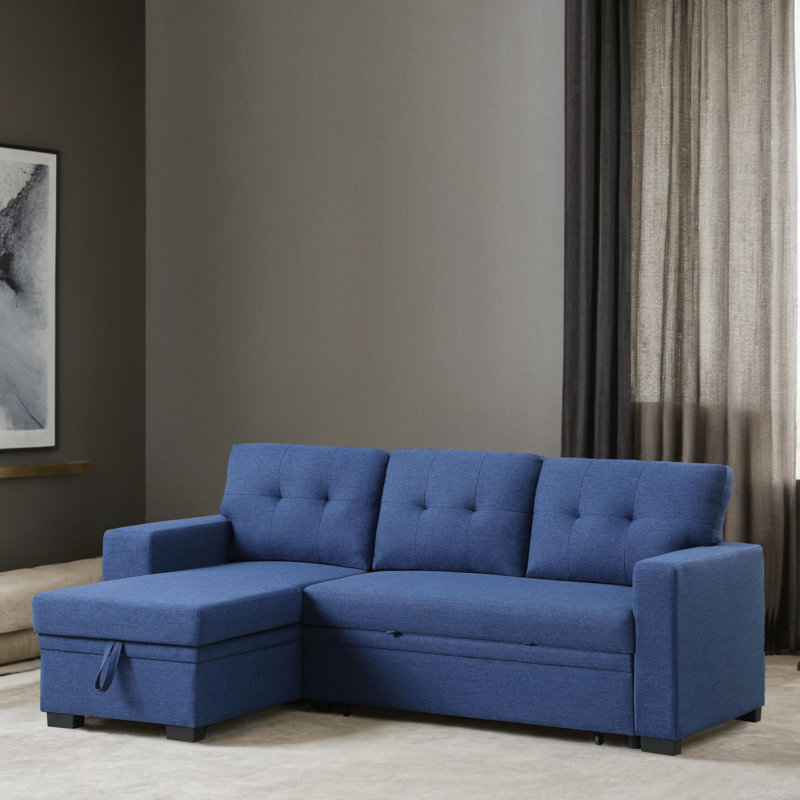 3 - Piece Upholstered Pull Out Sectional Sleeper Sofa With Storage Chaise, Blue Linen Blend
