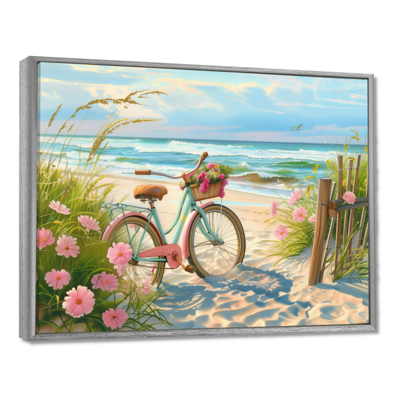 Vélo bleu sur le sentier côtier floral I - impression d'art mural côtier, Toile argentée avec cadre flottant