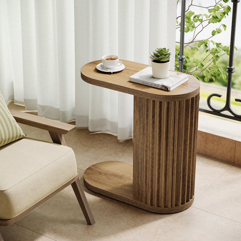 Narrow Fluted C-shaped End Table, Brown