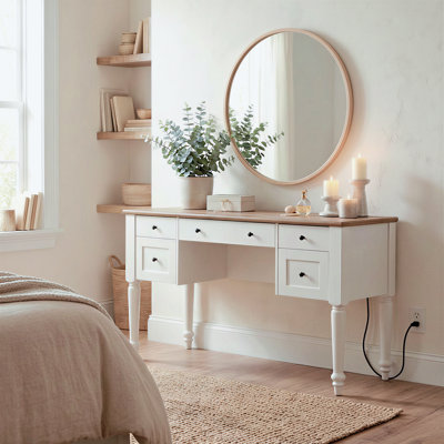 Meuble-lavabo blanc avec 5 tiroirs, station de charge, armoire arrière et tablette ouverte, sans miroir, 56 po