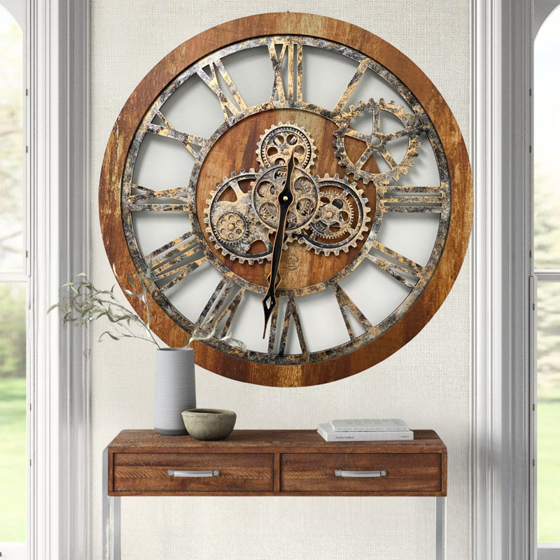 Wall Clock 24" Round Oversized for Living Room decor with Real Moving Gears America Collection, Vintage Brown