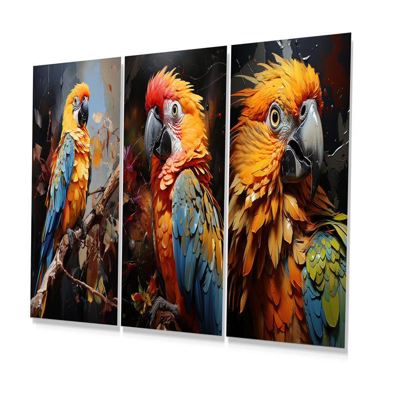 Blue And Yellow Golden Guardians - Parrot Metal Wall Decor Set Of 3, 28" H x 36" W