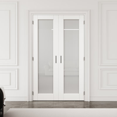 36" x 80" 1-Lite Frosted Glass Interior French Door with Black Hardware & Ball Catch & Handle, Tempered Glass Door Slab with Privacy, Paintable & Waterproof, Suit for Laundry, Closet Doors, Room Doors, Assembly Required