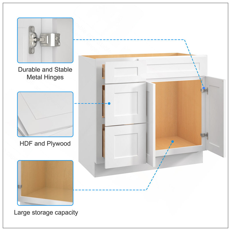 Versatile 36 In. W X 21 In. D X 34.5 In. H In Shaker White Plywood Ready To Assemble Floor Vanity Sink Base Kitchen Cabinet With Left Door