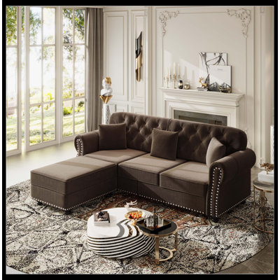 82.6" Brown Velvet Chesterfield Sofa, Button Tufted Mid-Century Couch With Rolled Arms & Nailhead Trim, Includes 3 Pillows