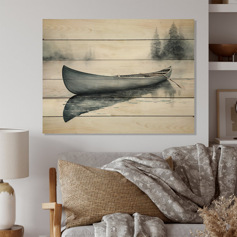 Canot sur le lac II - Décoration murale paysage en bois, H 12 po x l 20 po x P 1 po