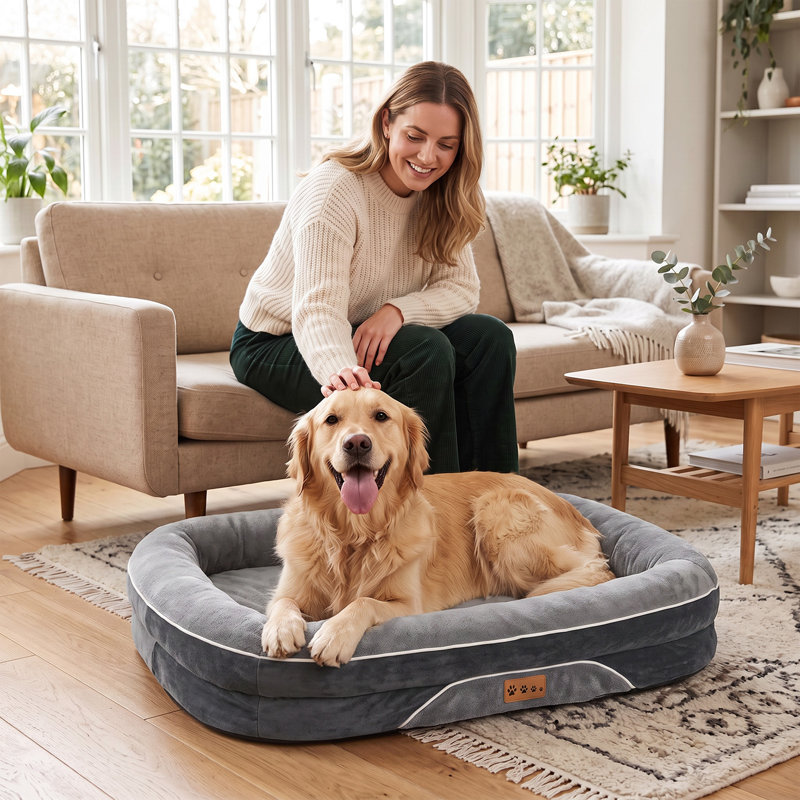 Lit orthopédique pour chien XL 42 po x 30 po, traversin en mousse à mémoire de forme avec doublure imperméable pour grands chiens, gris