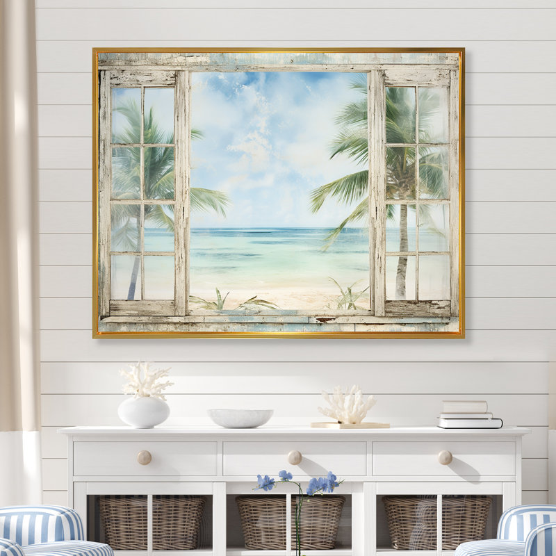 Décoration tropicale fenêtre tropicale horizon II - fenêtres côtières, H 30 po x l 40 po x P 1,5 po, Cadre flottant doré