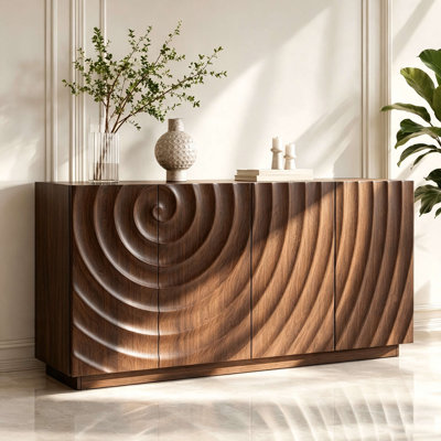 59" Wide Modern 4-Door Buffet Cabinet with Textured Wave Front Design, Storage Sideboard with Interior Shelves for Living Room, Kitchen, Dining Room, Freestanding Floor Cabinet, Matte Finish, Anti Dumping