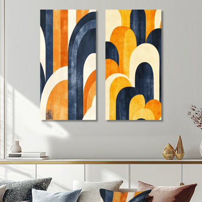 Mustard Blue Canvas, Midcentury Arch 2 Piece Wall Art, Bold Arch Play In Mustard And Blue
