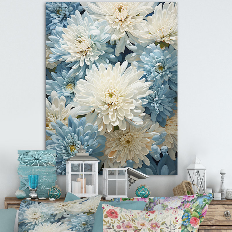 Minimalisme «Blooming Mums» en bleu et blanc III sur toile, H 32 po x l 16 po x P 1 po, Toile tendue