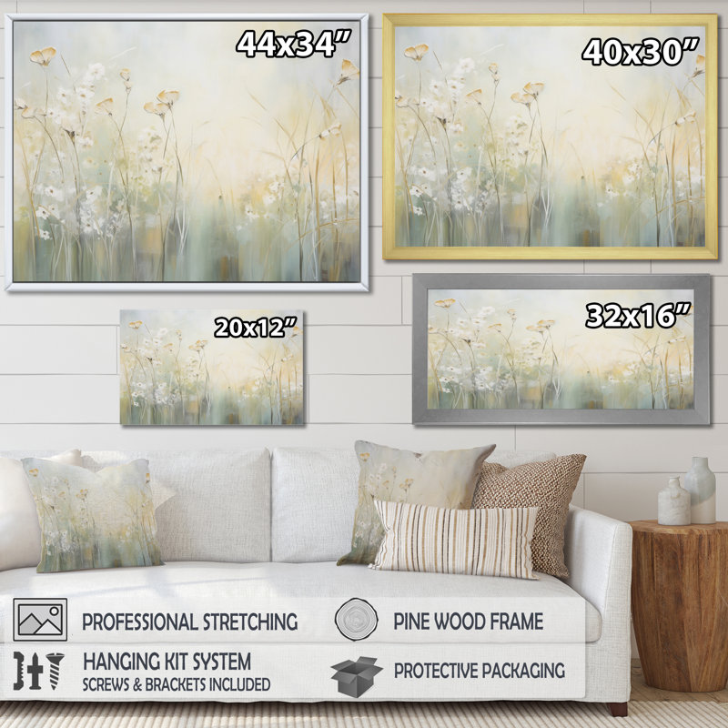 Green Beige Serene Meadows I - Print, 16" H x 32" W x 1" D, Gold Floater Framed