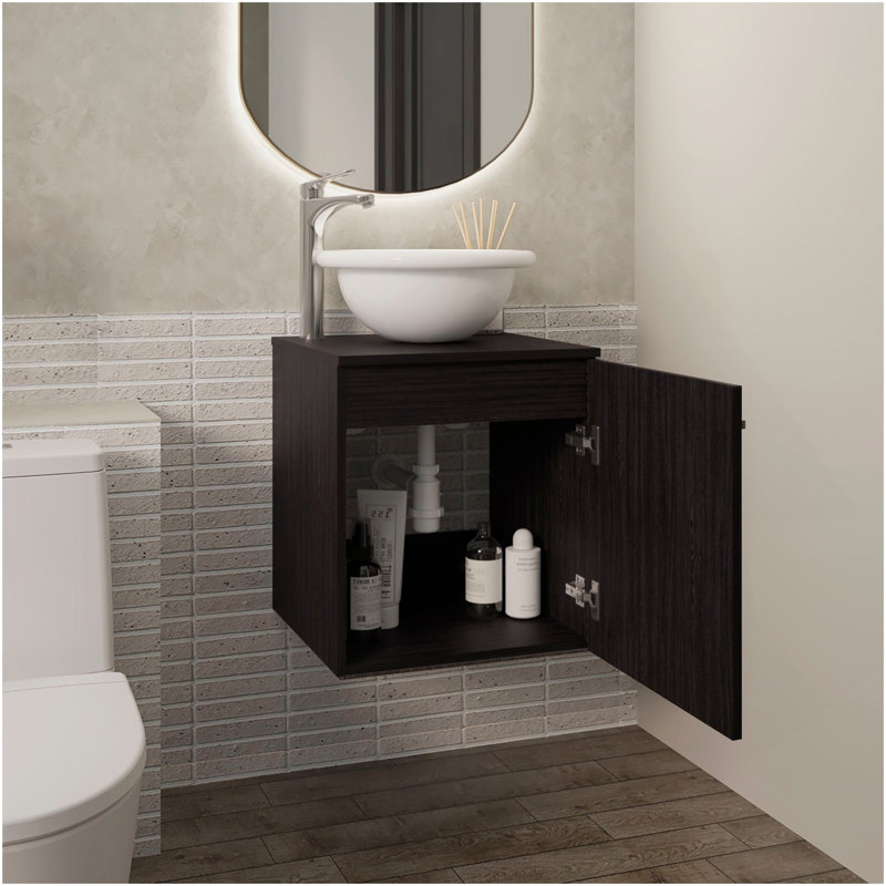 Meuble-lavabo flottant à une porte Clyde, avec lavabo vasque et une tablette, Noir