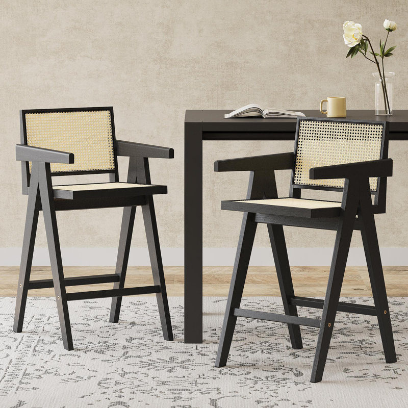 Tabouret de bar moderne 27 po avec siège canne 27 po, Noir/naturel