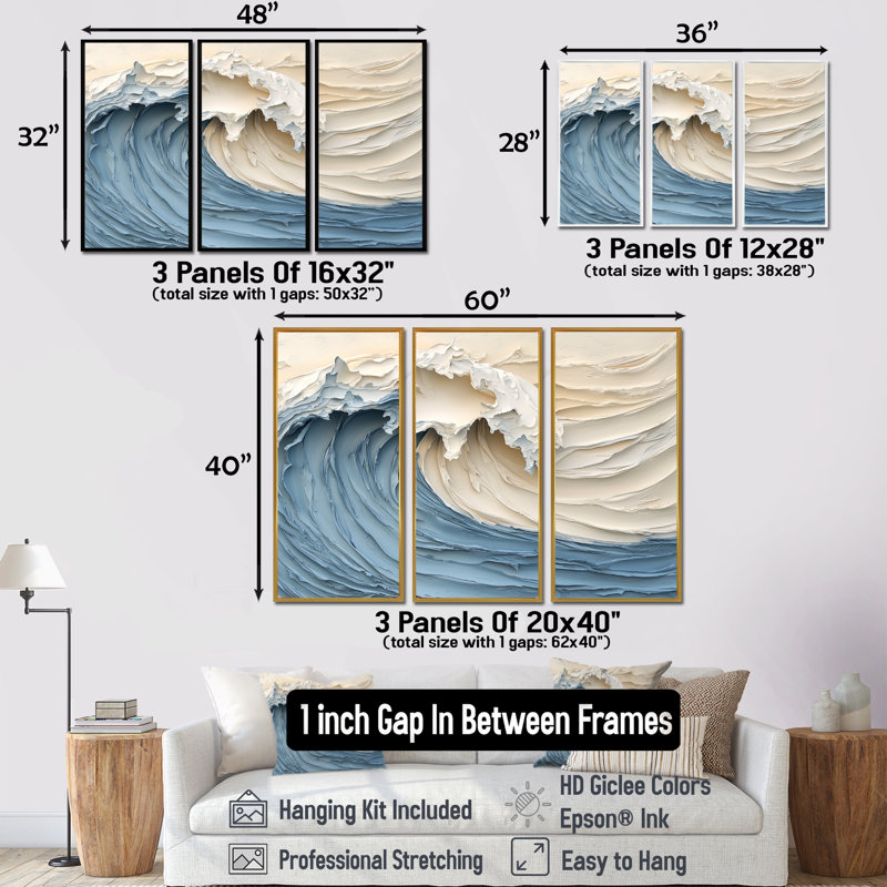 Clareen - ensemble d'impressions murales vagues côtières, H 28 po x l 36 po x P 1 po, Toile avec cadre flottant noir