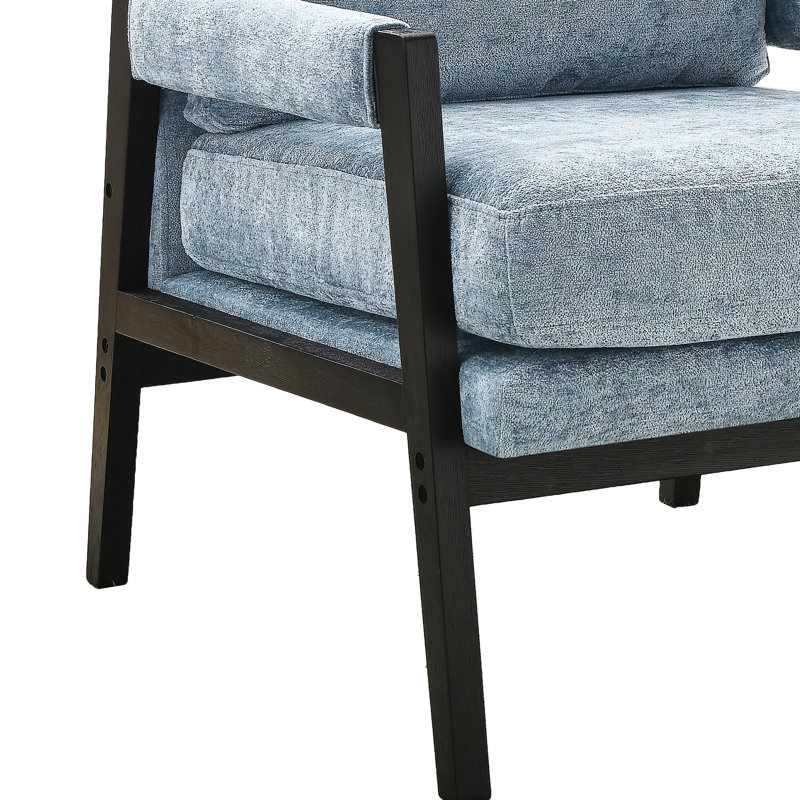 Chaise rembourrée en chenille bleue Mid-Century moderne - rembourrage généreux, fabrication en bois, dossier amovible pour une utilisation polyvalente