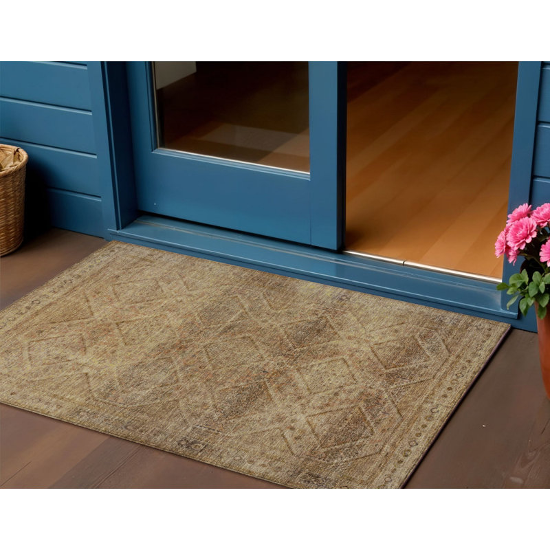 3' X 5' Khaki And Beige Geometric Washable Indoor Outdoor Area Rug