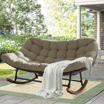 Patio Rocking Chair Outdoor, Oversized Papasan Rocking Chair For 2 With E-Coated Steel Frame And Thick Cushion