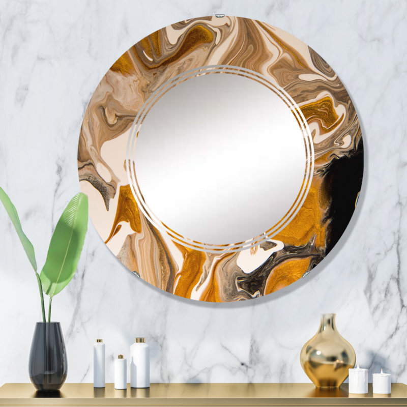 Vague brune avec taches noires et blanches - Miroir mural moderne rond, 32 po x 32 po