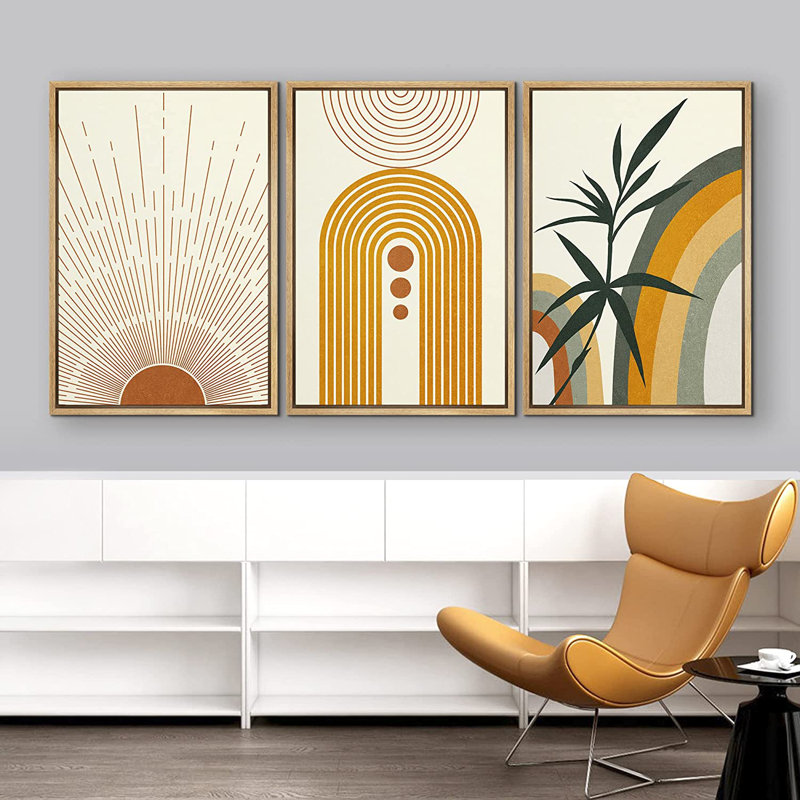 «Mid Century Modern Boho Geometric Sun Forest Plant Abstract», ensemble de 3 impressions sur toile, Naturel