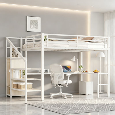Loft Bed with L-shaped Desk and USB, Metal Loft Bed with Wardrobe and Adjustable Shelf, High Loft Bed with LED for Kids Teens Adults