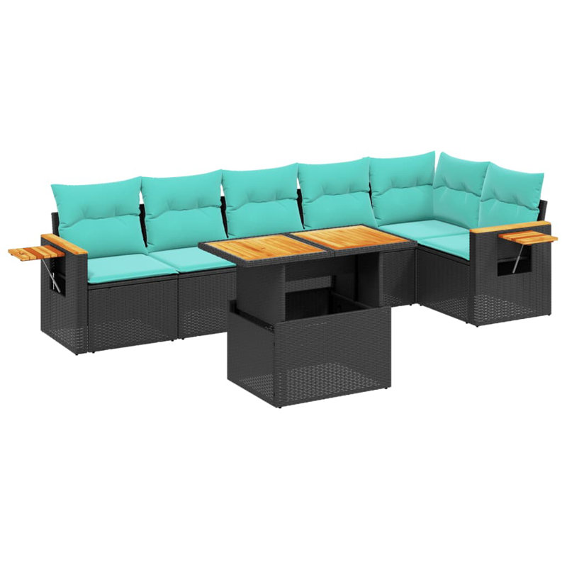  Ensemble de canapé de patio 7 pièces avec coussins en rotin de polyester, Vert, Noir