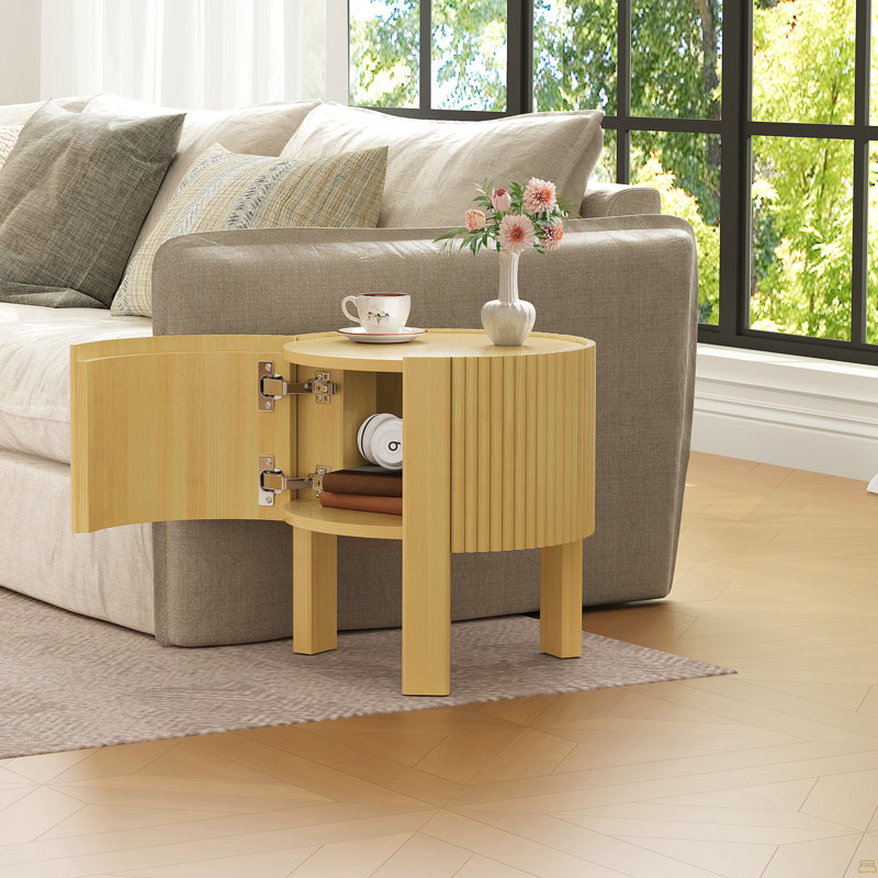 Table d'appoint ronde cannelée avec rangement pour le salon, bois d'hévéa massif, porte à fermeture en douceur, naturel, 19,6 po