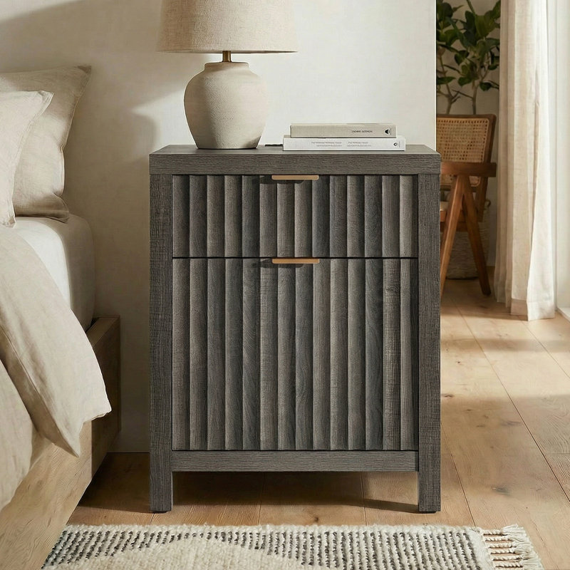 Arrilla 25'' H 2 - Drawer Nightstand with Built-In Outlets, Midnight Oak