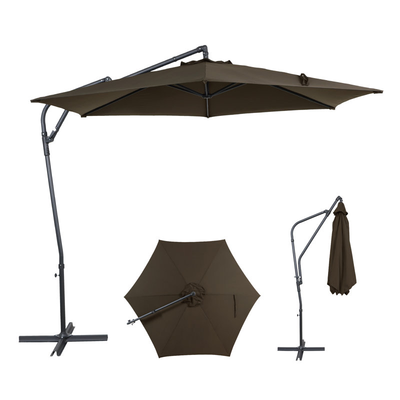 Parasol de patio décalé de 10 pi, inclinaison manuelle, manivelle à 360 °, ventilé, résistant au vent pour le marché, Brun