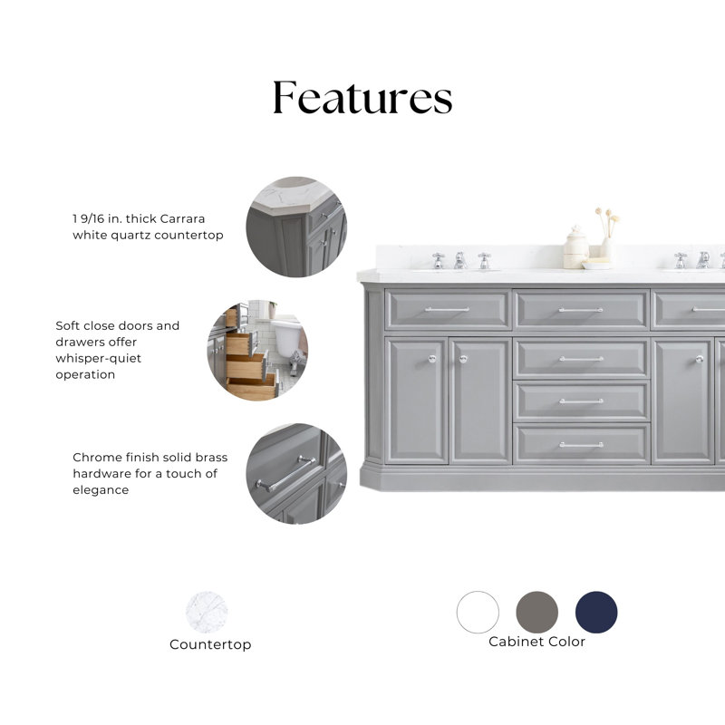 72" Palace Collection Quartz Carrara Cashmere Grey Bathroom Vanity Set With Hardware, Mirror in Chrome Finish, Cashmere Gray