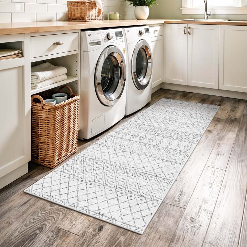 Entryway Rug Washable - Moroccan Small Area Rugs for Entryway Low Pile Indoor Mat Non Slip with Rubber Backing Thin Area Rug Pet Friendly for Front Door Kitchen Bedroom Geo Grey